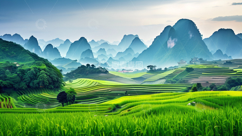 高清大图下载【趣麦麦图】谷雨稻田风景插画
