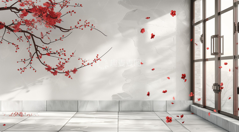 高清大图下载【趣麦麦图】梅花瓦片白墙光影