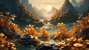 山河太阳金色植物自然唯美场景背景