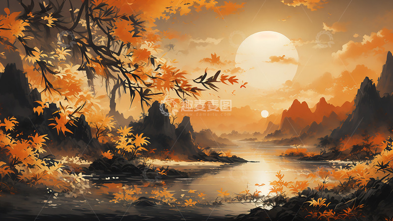 高清大图下载【趣麦麦图】中国风山水水墨植物场景风景背景