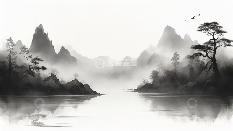 高清大图下载【趣麦麦图】中国风黑白水墨水山场景背景