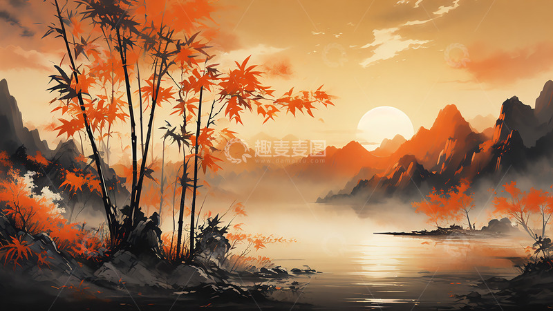 高清大图下载【趣麦麦图】中国风竹子山水水墨场景风景