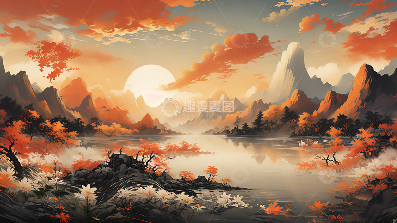 高清大图下载【趣麦麦图】中国风植物山水水墨场景风景