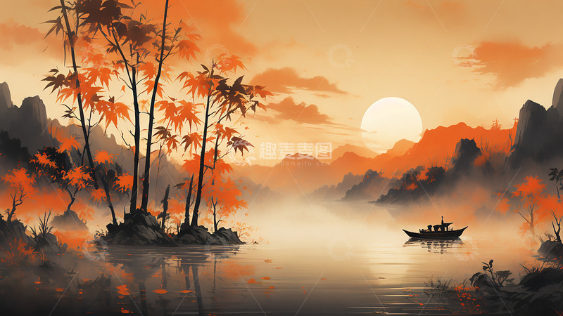 高清大图下载【趣麦麦图】中国风竹子山水船水墨场景风景
