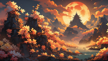 风景暖色调山水自然背景植物祥云