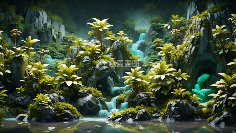 高清大图下载【趣麦麦图】微景观植物场景山水瀑布背景