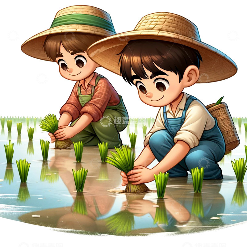 高清大图下载【趣麦麦图】两个农民春耕场景图卡通风格