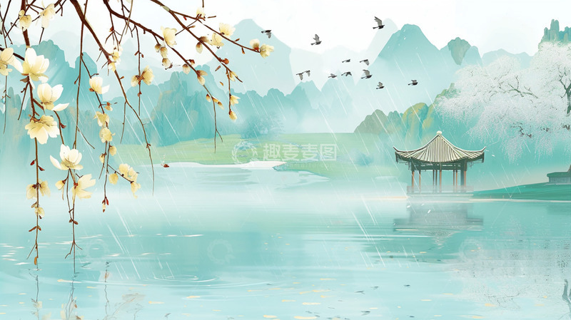 高清大图下载【趣麦麦图】谷雨国风山水清新背景