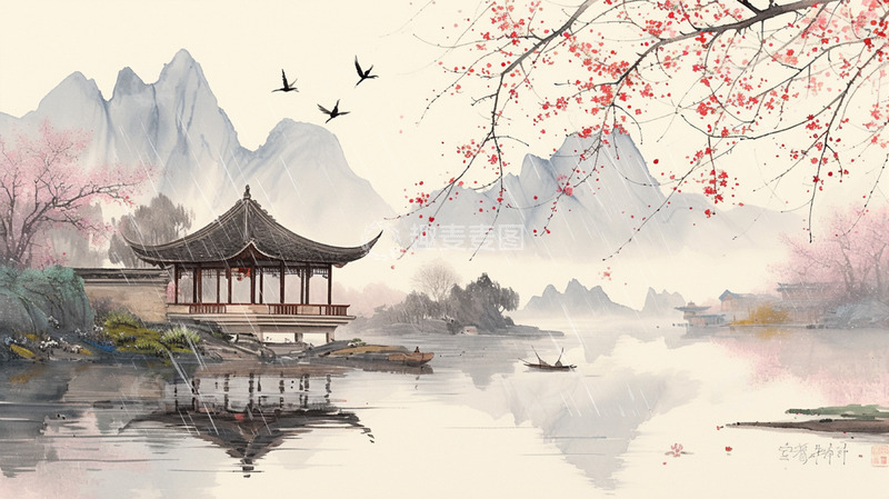 高清大图下载【趣麦麦图】国潮风格山水谷雨节气背景