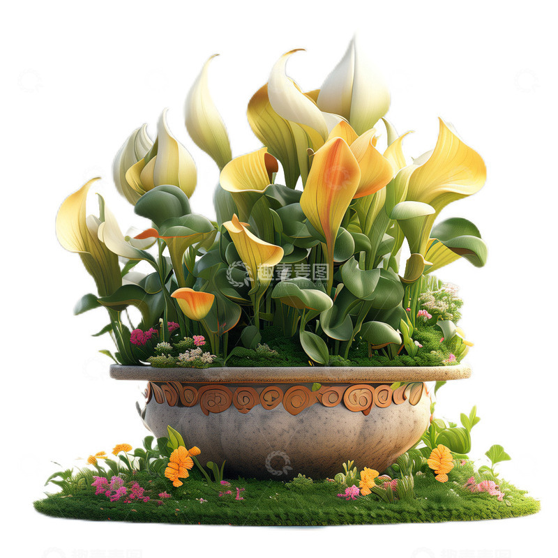 高清大图下载【趣麦麦图】3D立体卡通马蹄莲盆栽白色