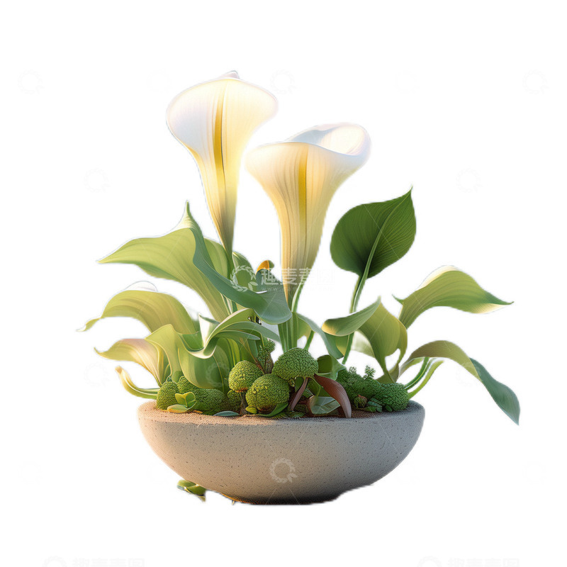 高清大图下载【趣麦麦图】3D立体卡通马蹄莲盆栽植物花朵白色