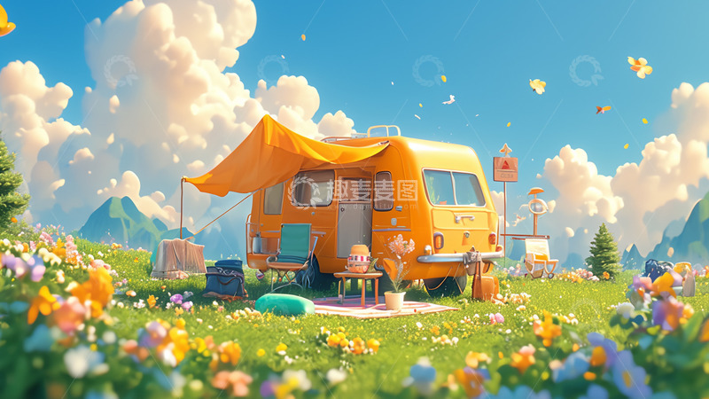 高清大图下载【趣麦麦图】房车旅行春游踏青背景图