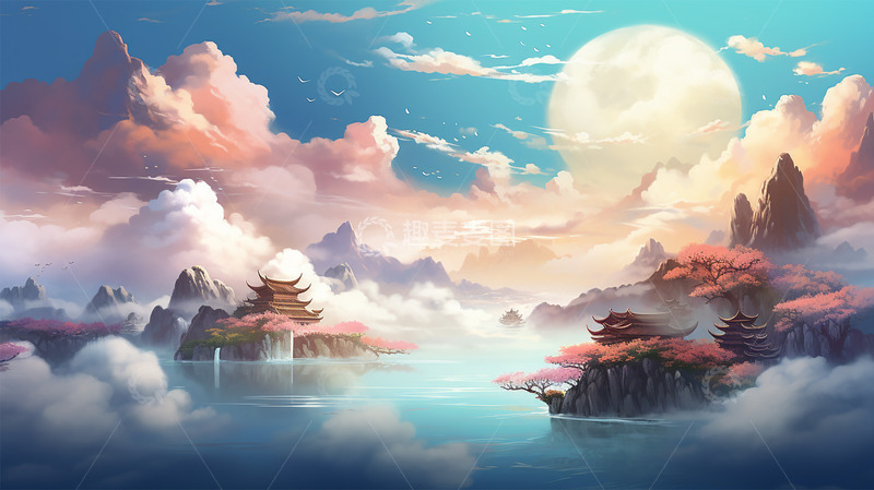 高清大图下载【趣麦麦图】中国风山水祥云风景场景插画