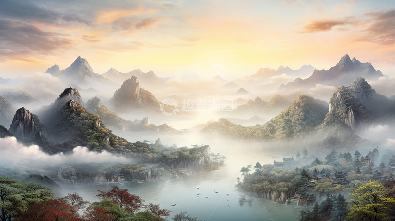 高清大图下载【趣麦麦图】中国风山水云太阳风景场景唯美