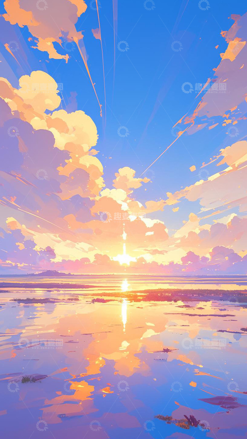 高清大图下载【趣麦麦图】卡通朝阳日出海平线倒影图
