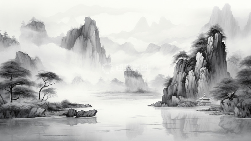高清大图下载【趣麦麦图】中国风山水水墨唯美场景插画