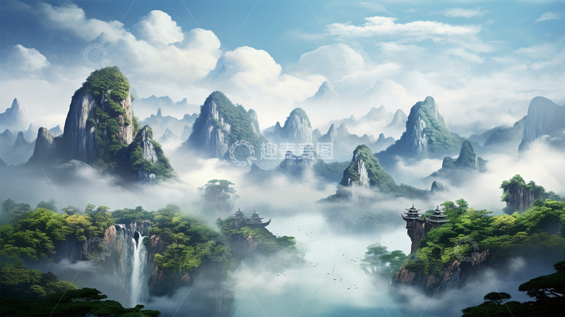 高清大图下载【趣麦麦图】中国风山水蓝天白云唯美风景场景