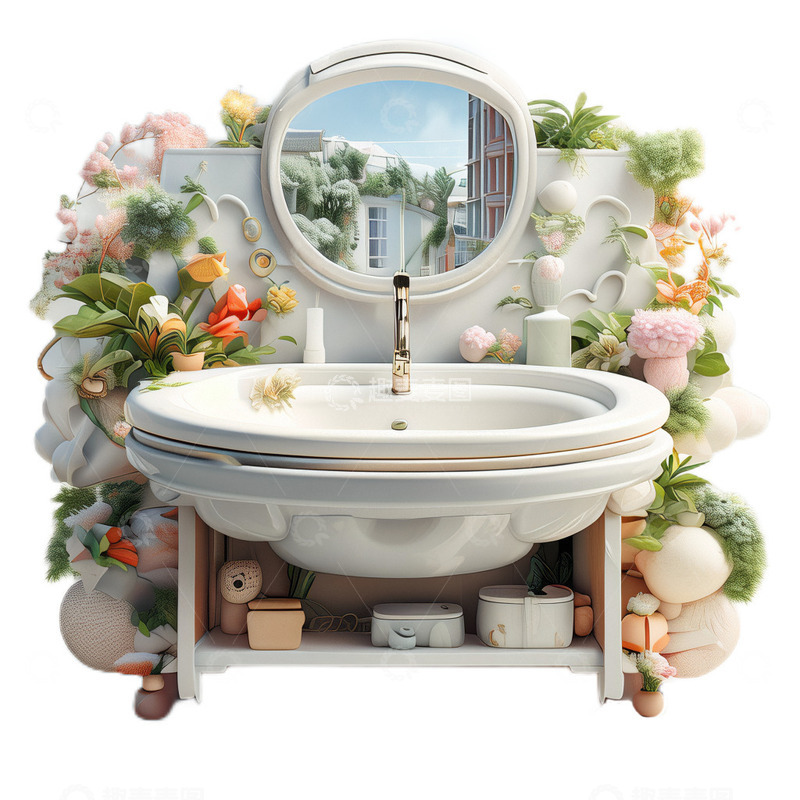 高清大图下载【趣麦麦图】3D立体卡通洗手台陶瓷白色镜子