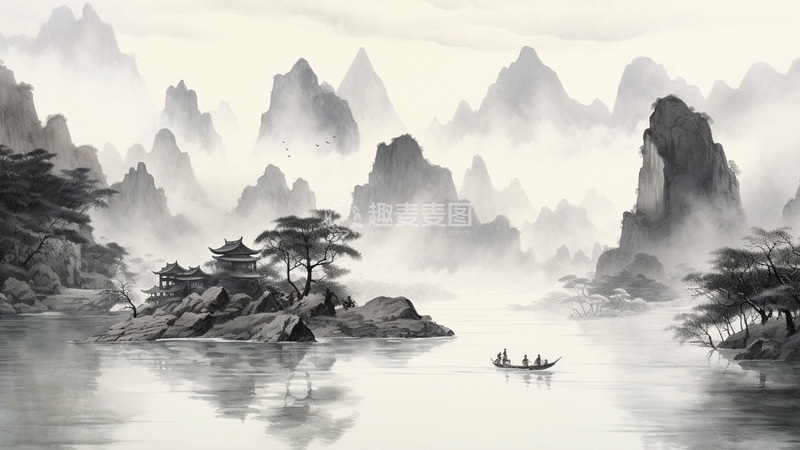 高清大图下载【趣麦麦图】中国风唯美黑白水墨山水场景插画