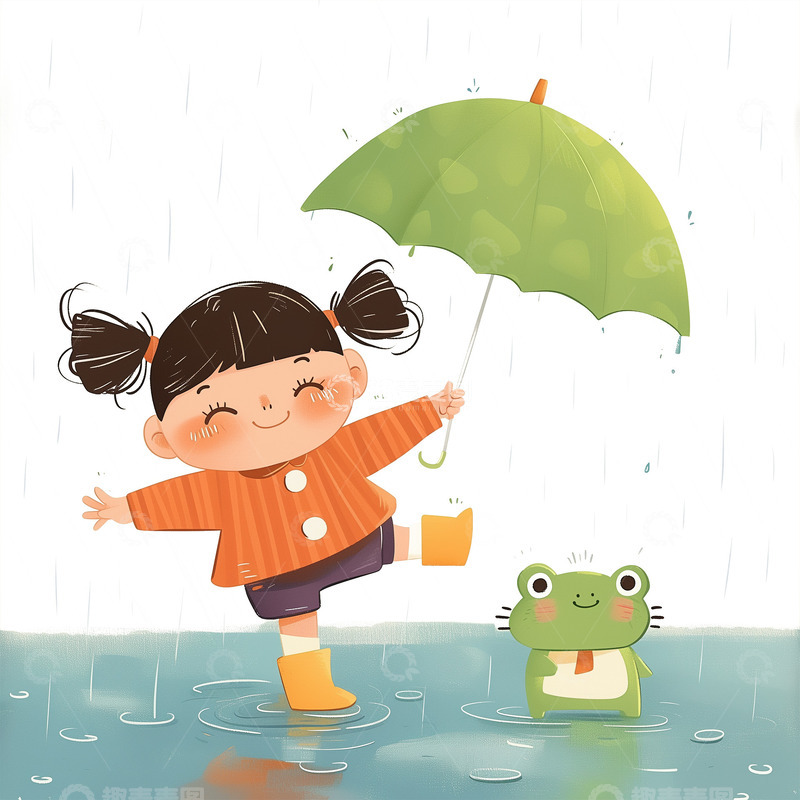 高清大图下载【趣麦麦图】卡通小女孩雨天玩耍素材