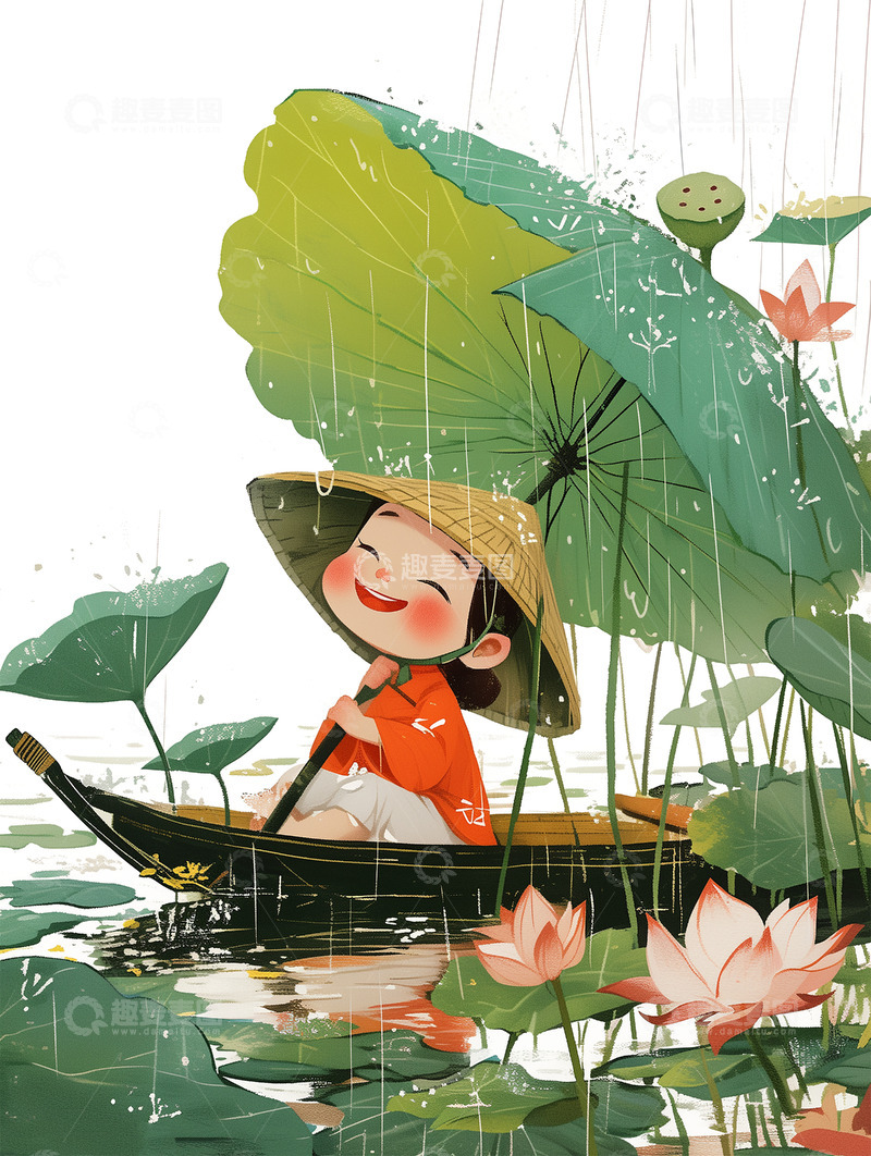 高清大图下载【趣麦麦图】谷雨人物持大荷叶挡雨场景