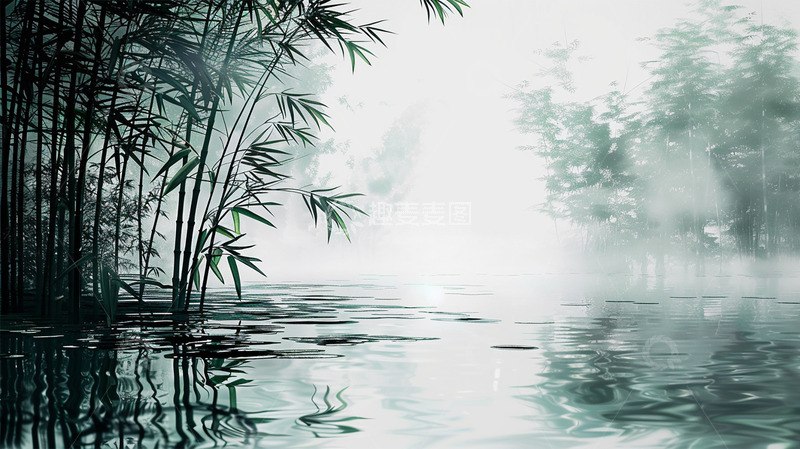 高清大图下载【趣麦麦图】中国风水墨竹子水壁纸背景场景