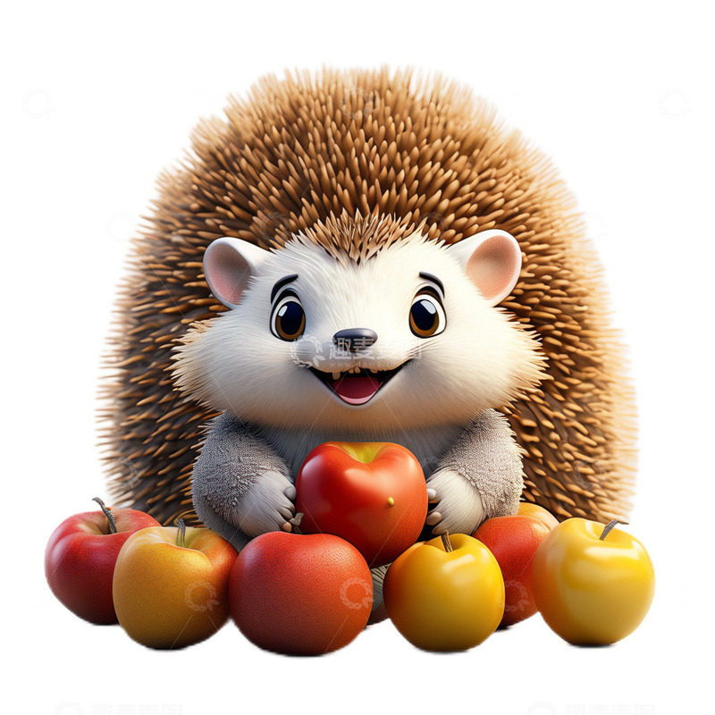高清大图下载【趣麦麦图】3D立体卡通可爱刺猬丰收苹果