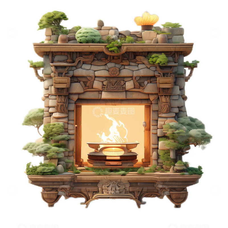 高清大图下载【趣麦麦图】3D立体卡通壁炉石头欧式植物复古