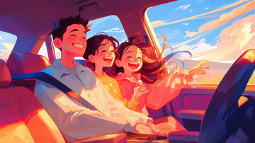 汽车春游游玩一家三口开心唯美