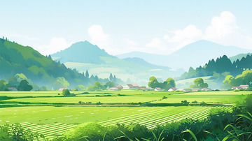 春天田地青山扁平插画背景