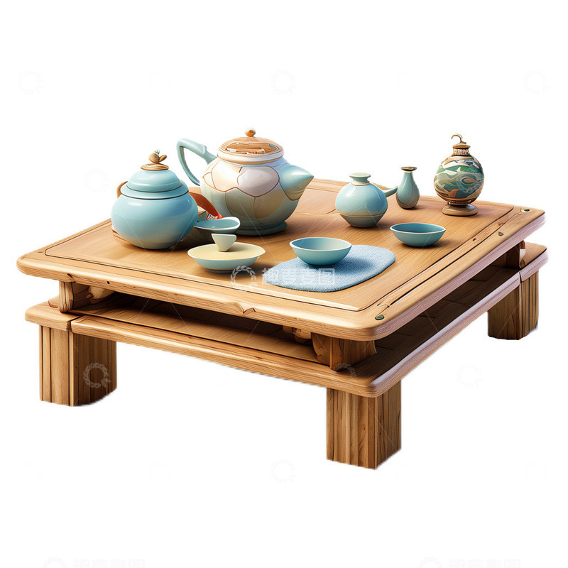 高清大图下载【趣麦麦图】3D立体卡通木质桌子茶桌质朴茶具