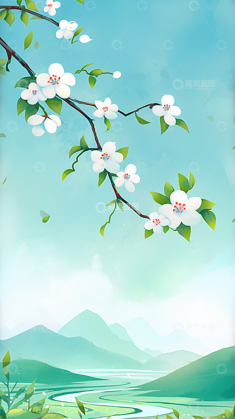 高清大图下载【趣麦麦图】白色花枝山水插画背景