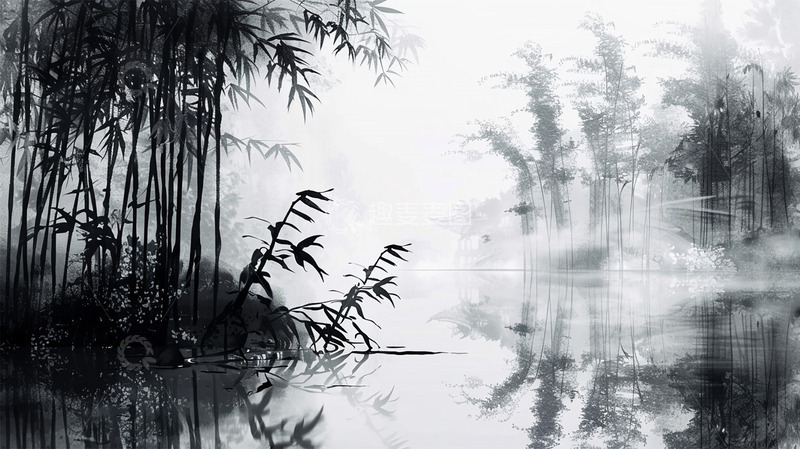 高清大图下载【趣麦麦图】中国风水墨黑白竹子竹林壁纸场景