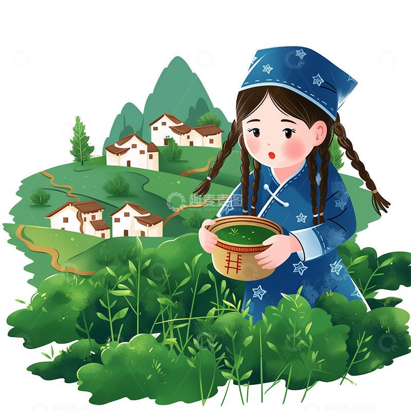 高清大图下载【趣麦麦图】卡通插画采茶女人物素材