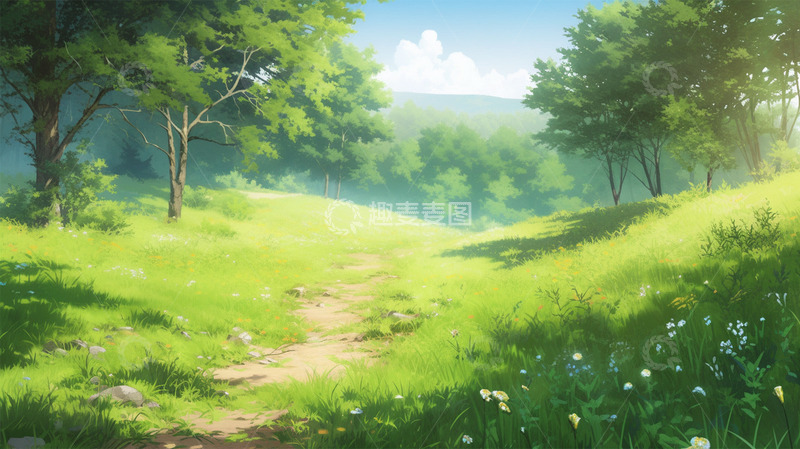 高清大图下载【趣麦麦图】春天绿色植物唯美场景插画