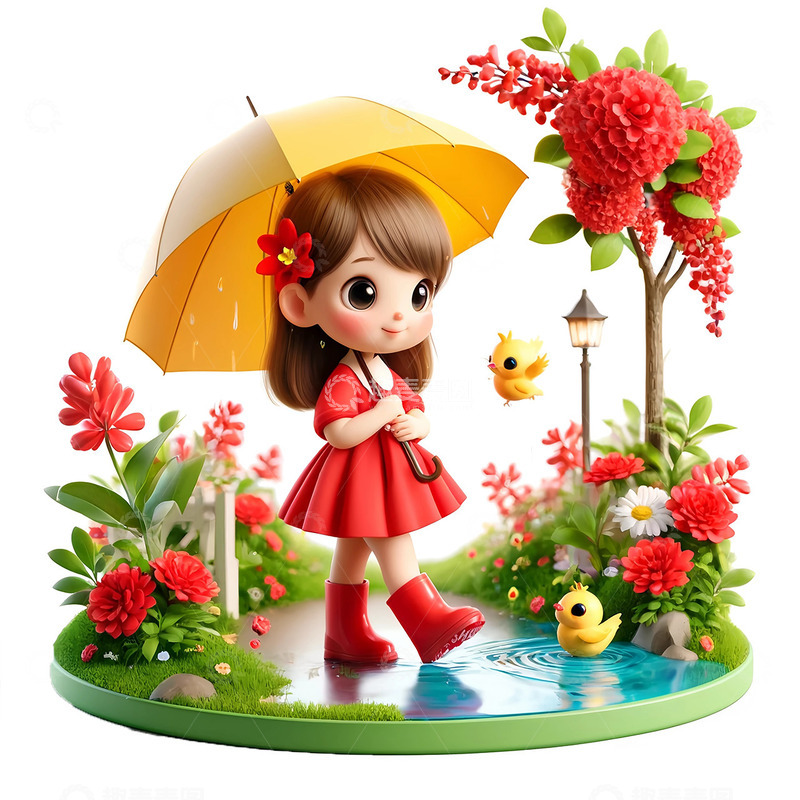 高清大图下载【趣麦麦图】-3D卡通小女孩雨水卡通元素