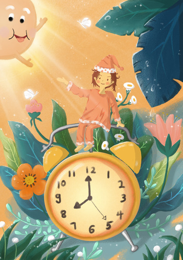 可爱清新时钟儿童卡通手绘插画背景