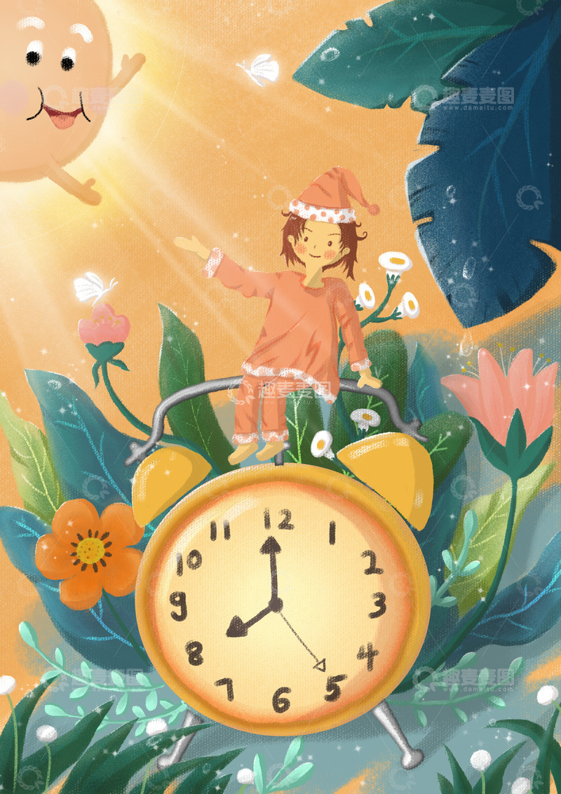 源文件下载【趣麦麦图】可爱清新时钟儿童卡通手绘插画背景