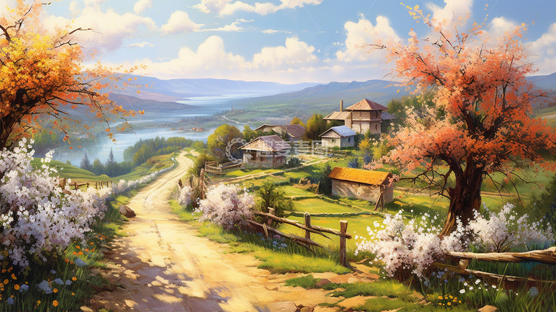 高清大图下载【趣麦麦图】春天山水房屋唯美场景