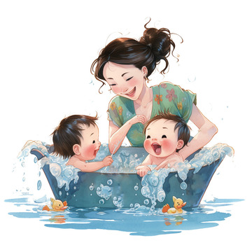 母亲给孩子洗澡主题插画母亲节