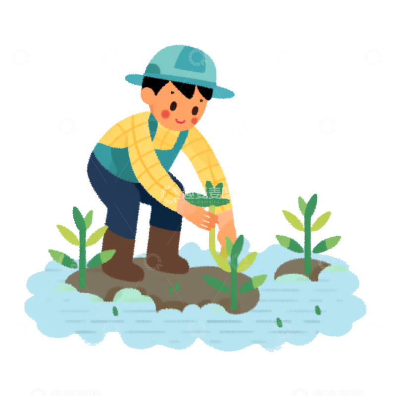 高清大图下载【趣麦麦图】插秧小孩可爱农耕场景插画