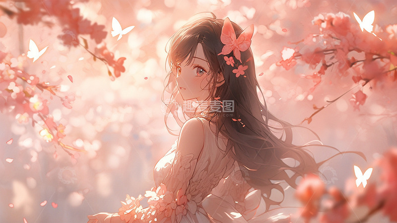 高清大图下载【趣麦麦图】唯美梦幻美女粉色鲜花壁纸场景