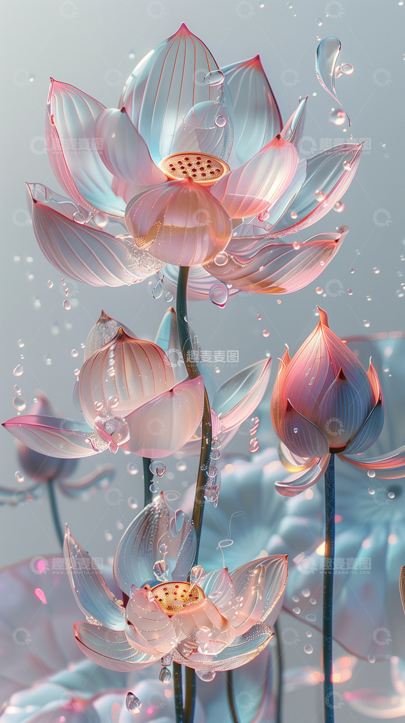 高清大图下载【趣麦麦图】3D玻璃质感荷花背景