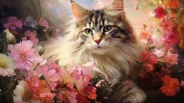春天百花丛中的猫仿真水彩画