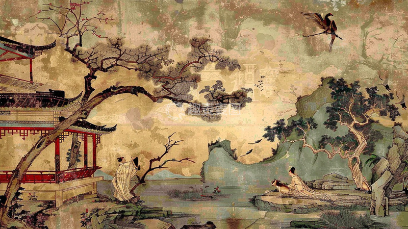 高清大图下载【趣麦麦图】中国风复古壁画建筑植物人物场景工笔