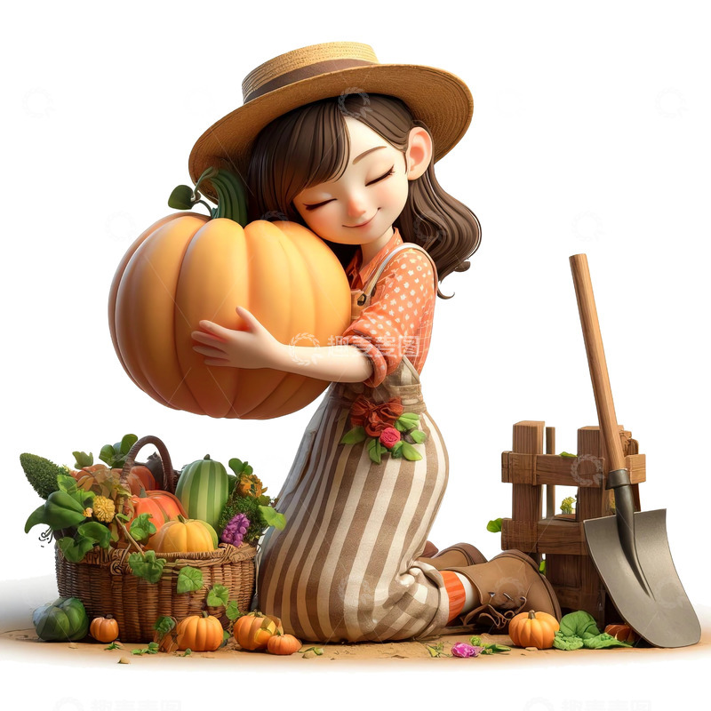 高清大图下载【趣麦麦图】小女孩抱大南瓜3D卡通素材
