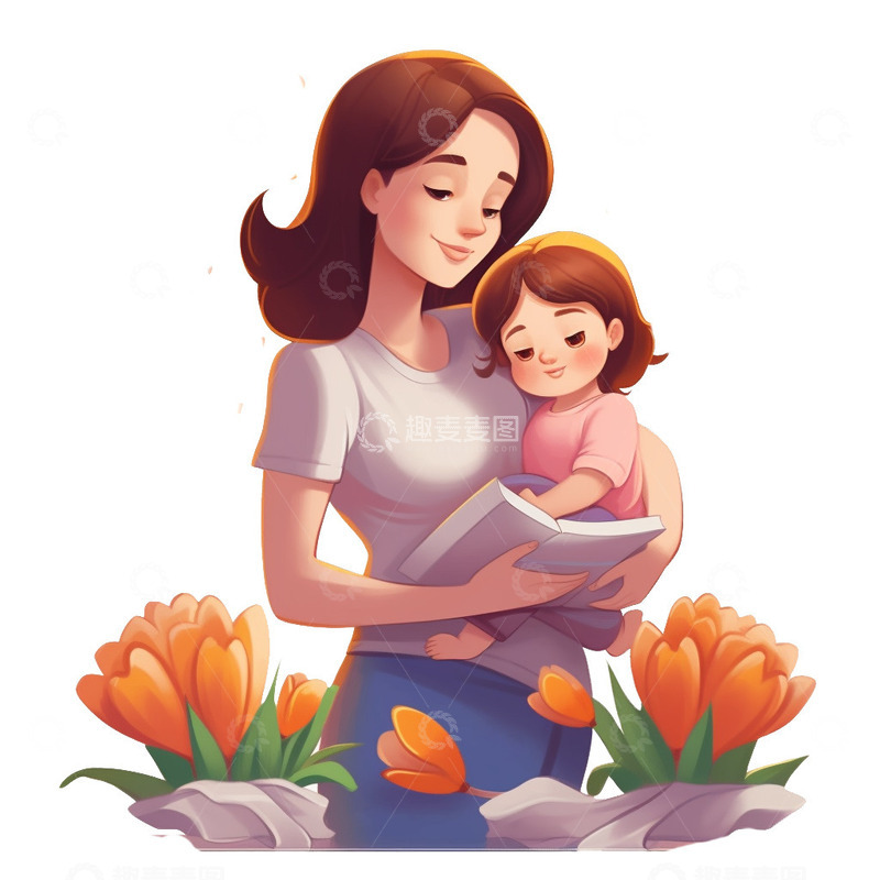 高清大图下载【趣麦麦图】母亲节母亲与孩子阅读插画
