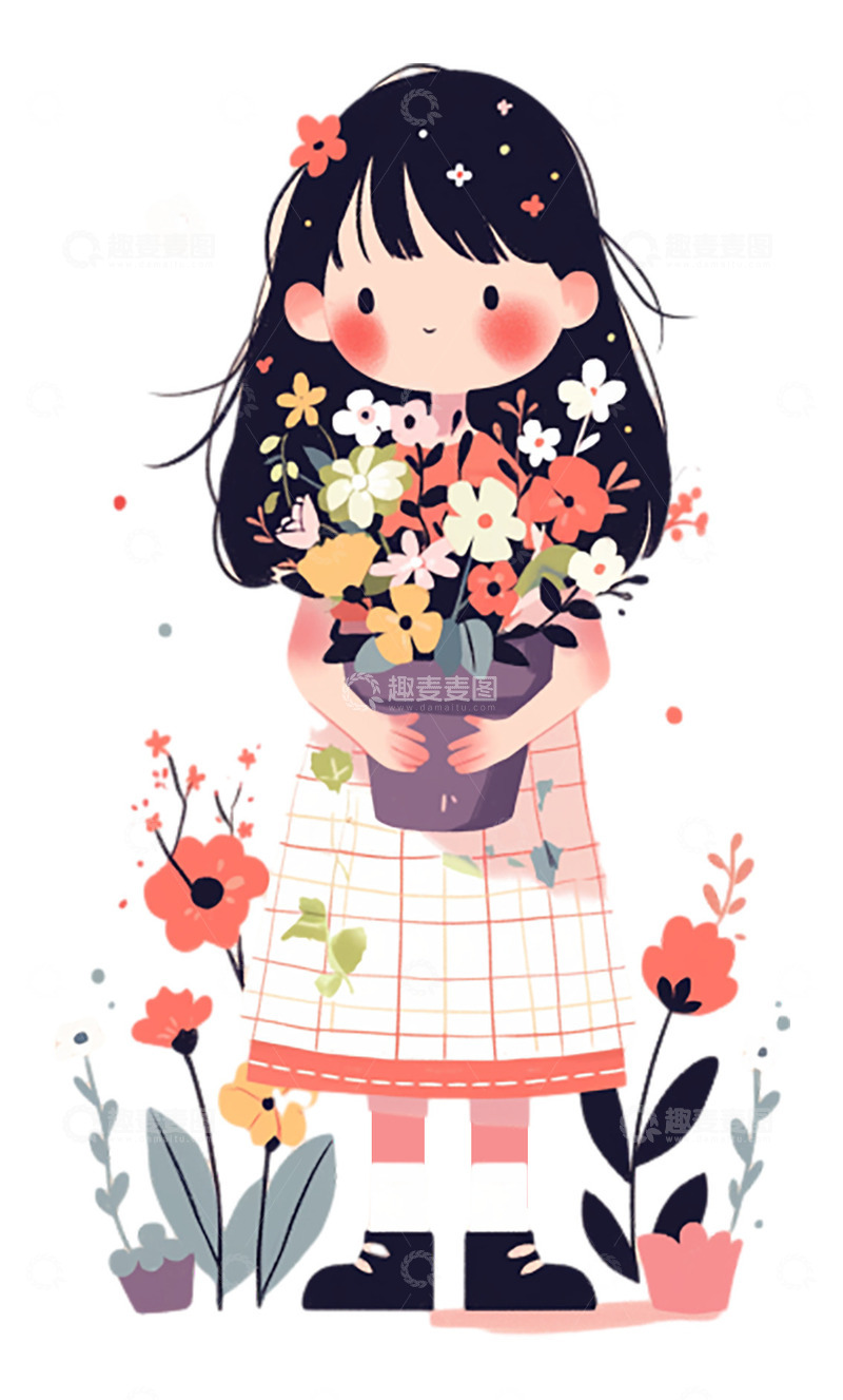 高清大图下载【趣麦麦图】抱着鲜花盆栽的女孩