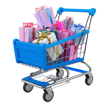 满载礼物的蓝色购物车shopping