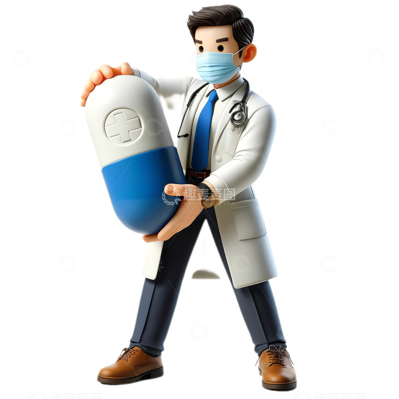 高清大图下载【趣麦麦图】3D卡通医生手拿胶囊素材
